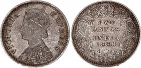 British India 2 Annas 1888 B
KM# 488; Type B Bust, Type II Reverse; Silver; Victoria; AUNC