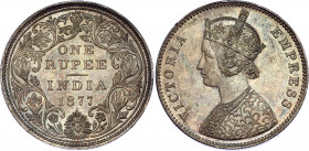 British India 1 Rupee 1877 B
KM# 492; B - Dot, Type A Bust, Type II Reverse; Silver; Victoria; UNC