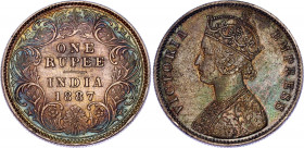 British India 1 Rupee 1887 B
KM# 492; Silver; Inverted B; Type C Bust; Type I Reverse. Rainbow. Previous coin stuck - highly visible portrait.