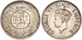 British India 1 Rupee 1938 Rare
KM# 555; With Dot; Silver; George VI; XF+
