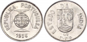 India Portuguese 1/2 Rupia 1936
KM# 23; Silver; UNC with mint luster