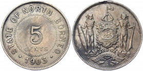 British North Borneo 5 Cents 1903 H
KM# 5; Copper-Nickel 7.19 g.; Mint: Heaton; XF