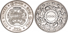 Ceylon 5 Rupees 1957
KM# 126; Silver; 2500th Anniversary of Buddhism; UNC