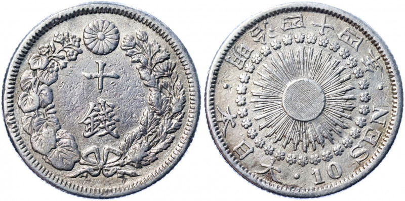 Japan 10 Sen 1911 (44)
Y# 29; Silver 2.09 g.; Mutsuhito; XF-AUNC