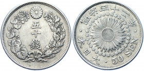 Japan 50 Sen 1909 (42)
Y# 31; Silver 10.08 g.; Mutsuhito; UNC