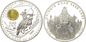 Kazakhstan 100 Tenge 2008
KM# 110; Silver (0.925) 31.1 g., 38.6 mm, Proof, gold plated; Chingiz Khan; With certificate