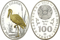 Kazakhstan 500 Tenge 2012
Silver (0.925) 24 g. Proof, gold plated; White stork, Ciconia