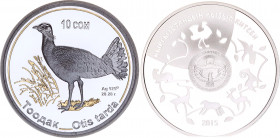 Kyrgyzstan 10 Som 2015
KM# 64; Silver (0.925) 28.28 g., Darkened silver, gold plated; Red book series, bustard; With original box & certificate