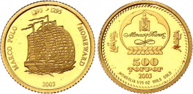 Mongolia 500 Tugrik 2003
KM# 206; Gold (0.999) 1.24g., Proof; Marco Polo, ship, homeward