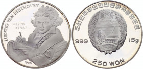 North Korea 250 Won 1999
KM# 225; Silver (0.999) 15 g., 35 mm., Proof; Beethoven