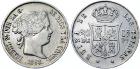 Philippines 20 Centimos 1868 Spanish Colony
KM# 146; Silver 5.16 g.; Isabella II; Mint: Manila; XF+