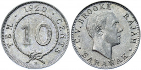 Sarawak 10 Cents 1920 H
KM# 15; Silver; Charles V. Brooke; BUNC