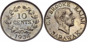 Sarawak 10 Cents 1934 H
KM# 16; Charles V. Brooke Rajah; UNC