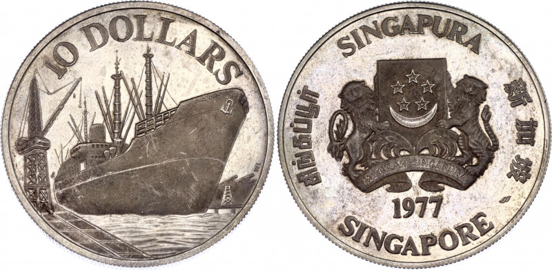 Singapore 10 Dollars 1977 sm
KM# 15; Silver, Proof; Independence; Mintage 10.00...