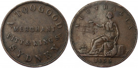 Australia Token 1 Penny 1855
KM# Tn256; Copper 15.32 g.; A. Toogood, Sydney; Merchant; VF
