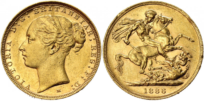 Australia 1 Sovereign 1886 M
KM# 7; Gold (.917) 7.98 g.; Victoria; Mint: Melbou...