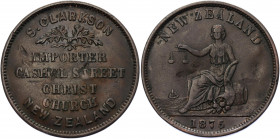 New Zealand Token 1 Penny 1875
KM# Tn13; Copper 11.63 g.; S. Clarkson; Christchurch; VF