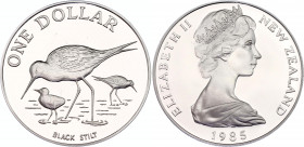 New Zealand 1 Dollar 1985
KM# 55a; Silver, Proof; Native Birds Series – Black Stilt