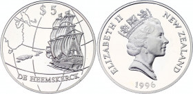 New Zealand 5 Dollars 1996
KM# 102; Silver (0.925) 28.28g., Proof; Sailship on globe with map