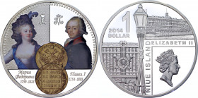 Niue 1 Dollar 2014
Silver 28.02 g., Replicas of the Russian Emperor coins; The coin features a colored image of Paul I and his wife Sophia Dorothea o...