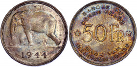 Belgian Congo 50 Francs 1944
KM# 27; Silver; Leopold III; XF+ with amazing toning