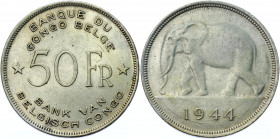 Belgian Congo 50 Francs 1944
KM# 27; Silver 17.30 g.; UNC