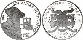Benin 1000 Francs 1999
KM# 39; Silver, Proof; Johannes Gutenberg