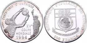 Congo 500 Francs 1994
KM# 11; Silver, Proof; FIFA World Cup 1994 in the USA
