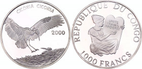 Congo 1000 Francs 2000
KM# 45; Silver, Proof; White Stork