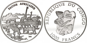 Congo 1000 Francs 2002
KM# 68; Silver, Proof; African Fauna