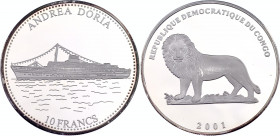 Congo 10 Francs 2001
KM# 197; Silver, Proof; Ship Andrea Doria