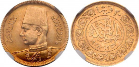 Egypt 20 Piastres 1938 AH 1357 NGC MS65
KM# 370; Gold (.875) 1,70g.; Royal Wedding