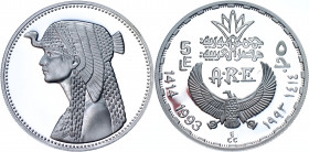 Egypt 5 Pounds 1993 AH 1413
KM# 735; Silver 22.50g.; Cleopatra - queen and statesperson, 69-30BC; Proof
