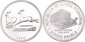 Equatorial Guinea 2000 Ekuele 1980 CHI
KM# 56; Silver, Proof; Impalas; Mintage 1.000 pcs only