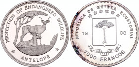 Equatorial Guinea 7000 Francos 1993
KM# 129; Silver, Proof; Springbok; Low mintage