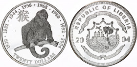 Liberia 20 Dollars 2004
Silver (.999) 20.00 g., 40 mm., Proof; Year of Monkey