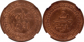 Morocco 5 Mazunas 1903 AH 1321 NGC AU 55 BN
Y# 16.1; Paris Mint; Abd al-Aziz