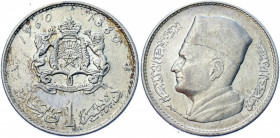 Morocco 1 Dirham 1960 AH 1380
Y# 55; Silver 5.99 g.; Mohammed V; Mint: Paris; VF-XF