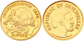Seychelles 1000 Rupees 1976
KM# 29; Gold (.917) 15.98g; President Mancham; Declaration of Independence; UNC