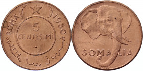 Somalia 5 Centesimi 1950 AH 1369
KM# 2; Copper 5.97 g.; AUNC
