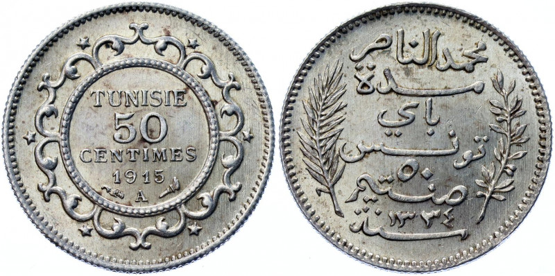 Tunisia 50 Centimes 1915 AH 1334 A
KM# 237; Silver 2.5g; UNC