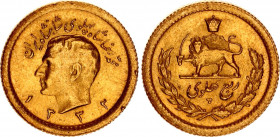 Iran 1/4 Pahlavi 1953 AH 1332
KM# 1160; Gold (.900) 2.03 g., 15 mm.; Mohammad Rezā Pahlavī; Mintage 41.000 pcs; UNC
