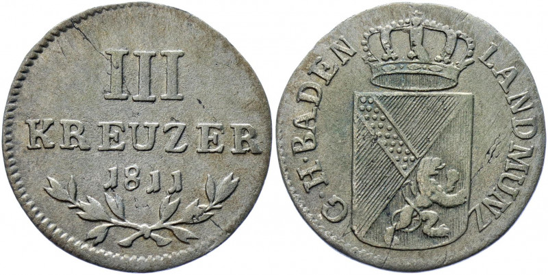 German States Baden 3 Kreuzer 1811
KM# 148; J. 8; AKS# 19; Silver 1.28 g.; Karl...