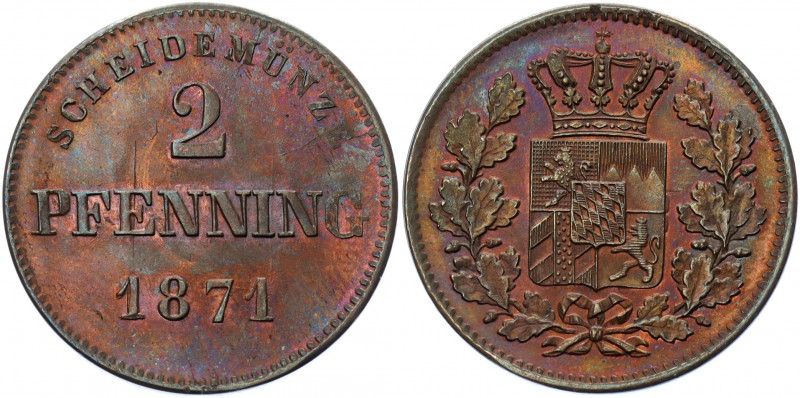 German States Bavaria 2 Pfenning 1871
KM# 857; AKS# 184; J. 92; Copper 2.68 g.;...