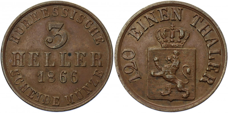 German States Hesse-Cassel 3 Heller 1866
KM# 612; AKS# 67; J. 41; Copper 4.32 g...