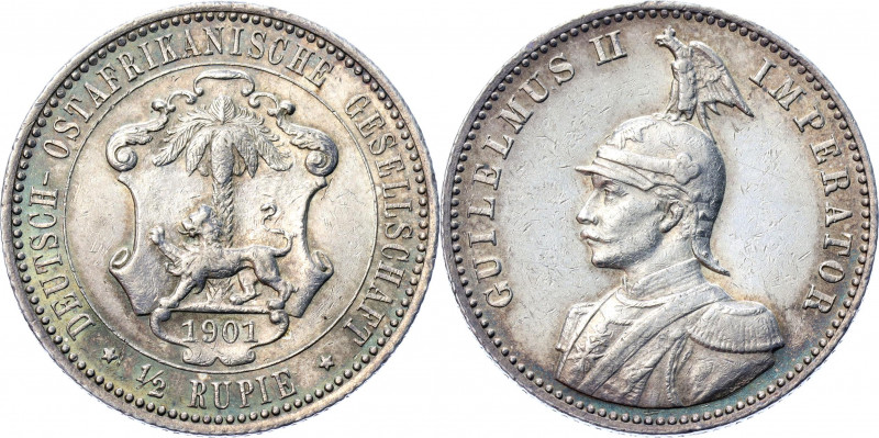 German East Africa 1/2 Rupie 1901
KM# 4; J. 712; Silver 5.83 g.; Wilhelm II; AU...