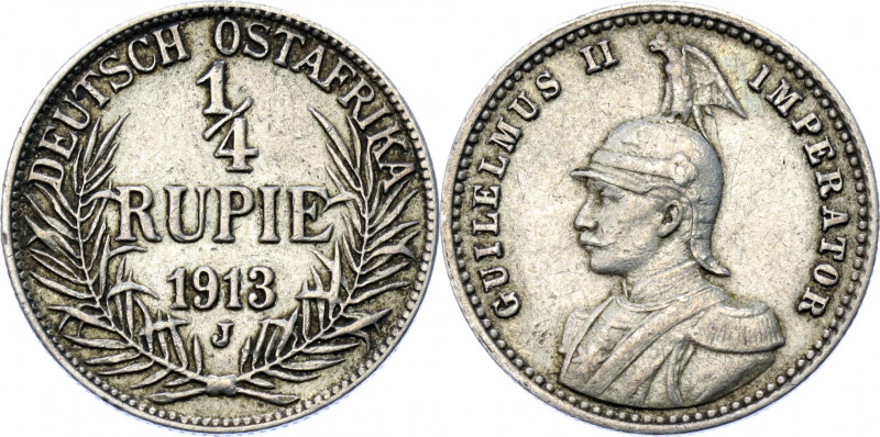 German East Africa 1/4 Rupie 1913 J
KM# 8; J. 720; Silver 2.90 g.; Wilhelm II; ...