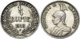 German East Africa 1/4 Rupie 1913 J
KM# 8; J. 720; Silver 2.90 g.; Wilhelm II; Mint: Hamburg; XF