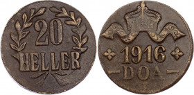 German East Africa 20 Heller 1916 T
KM# 15a; Brass 12g.,28mm., Obverse A, reverse B; Big crown, pointed tips on L´s; Tabora emergency issue; AUNC