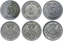 Germany - Empire 3 x 5 Pfennig 1893 - 1914
KM# 11; AKS# 16; J. 12; Copper-Nickel; Wilhelm II; XF-UNC